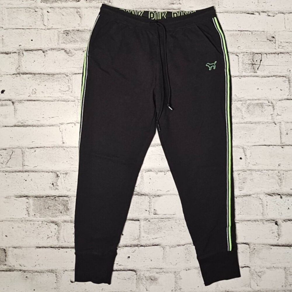 PINK Victorias Secret Black Green Side Stripe Joggers Medium Drawstring Cuffed